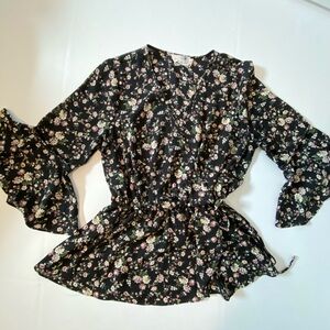Everleigh Black and White Bell Sleeve Blouse with Ruffled Tie Front